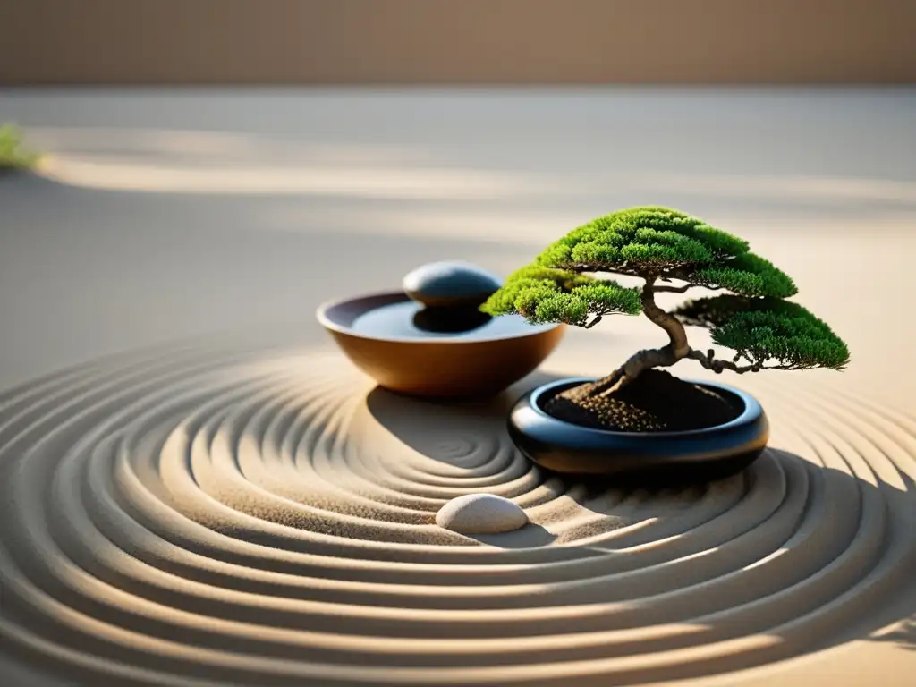 Armonioso jardín Zen con rocas y bonsái, reflejando la importancia del Elemento Tierra en Feng Shui