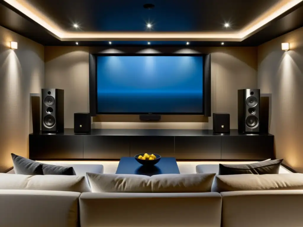 Home theater Feng Shui armonioso: Sala con TV, altavoces simétricos y luz ambiental cálida, creando armonía y tranquilidad