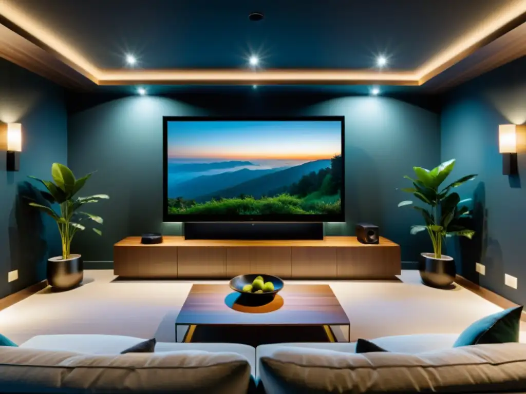 Un armonioso home theater con diseño Feng Shui, iluminación suave y mobiliario equilibrado para una experiencia inmersiva y relajante