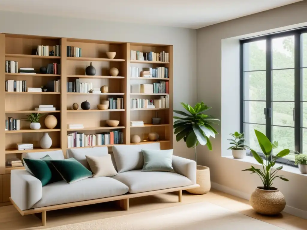 Armonización hogar con Feng Shui: Biblioteca minimalista y serena con estantería, lectura junto a ventana y ambiente cálido