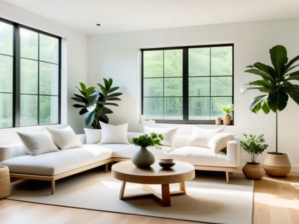 Armonización hogar con diseño escandinavo y elementos Feng Shui, sala minimalista con luz natural y toques de naturaleza