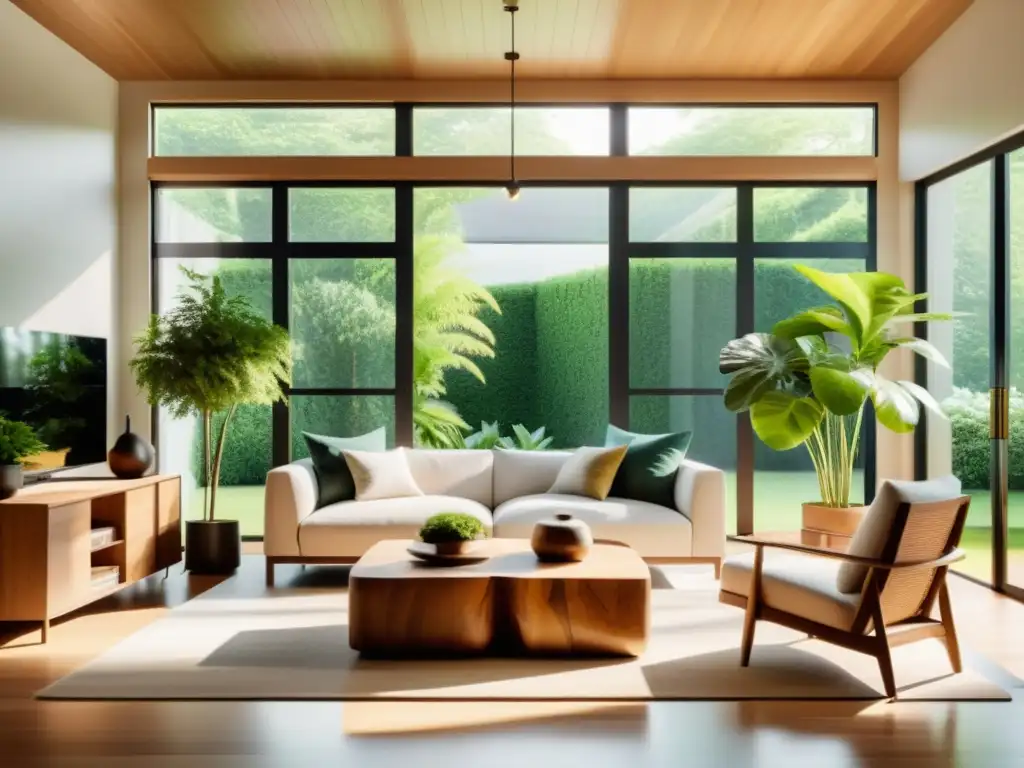 Armonización hogar con naturaleza, sala minimalista con muebles de madera, luz natural y plantas para crear paz y equilibrio Feng Shui