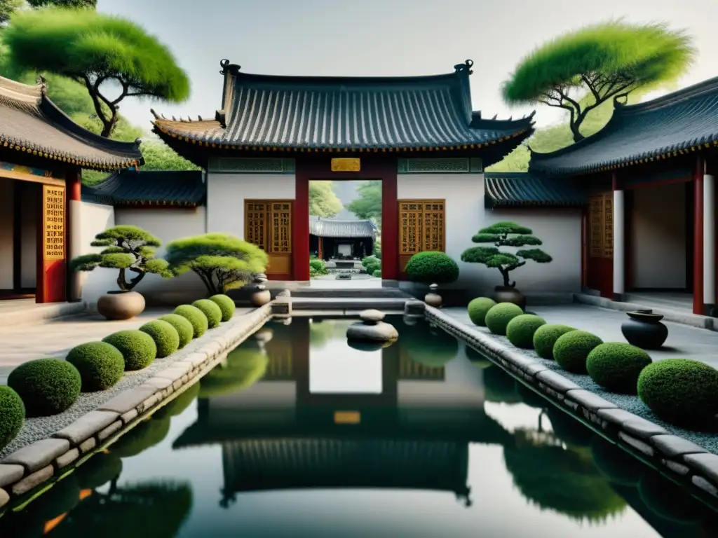 Arquitectura histórica influenciada por Feng Shui: Casa tradicional china con jardín sereno y estanque reflejando equilibrio y armonía