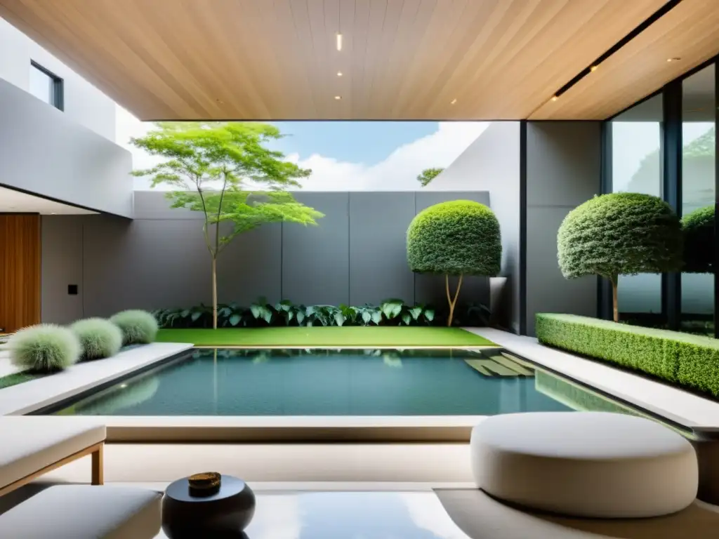 Arquitectura moderna con integración del Feng Shui, jardines cuidados y elementos de agua, armonía y equilibrio