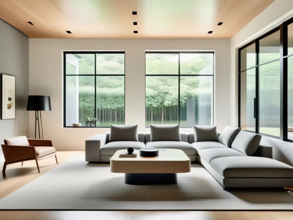 Arquitectura robótica y feng shui: Salón minimalista con muebles robotizados integrados en equilibrio armonioso y luz natural