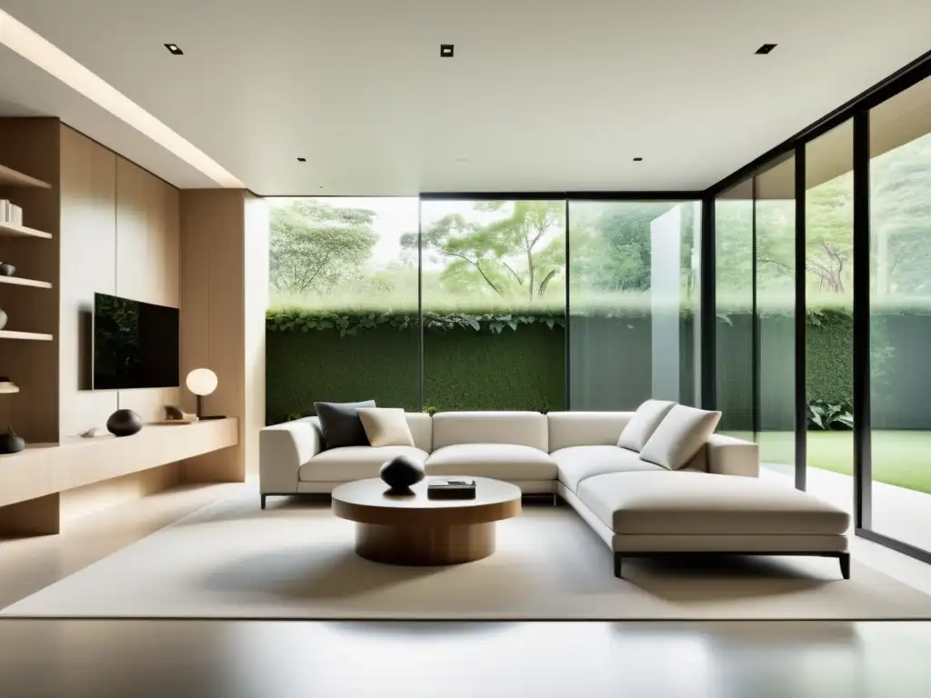 Arquitectura robótica y feng shui: Sala minimalista con muebles futuristas, líneas limpias y equilibrio, bañada por luz natural y vista al jardín