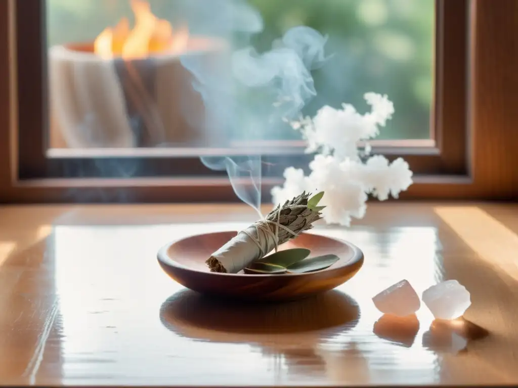 Un arreglo armonioso de amuletos y talismanes para limpieza energética, con salvia, cuarzos y palo santo, creando una atmósfera serena y purificadora