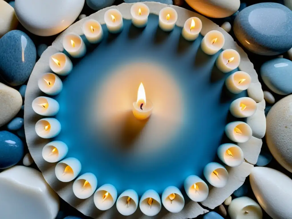 Un arreglo armonioso de velas azules y blancas sobre piedras, creando tranquilidad