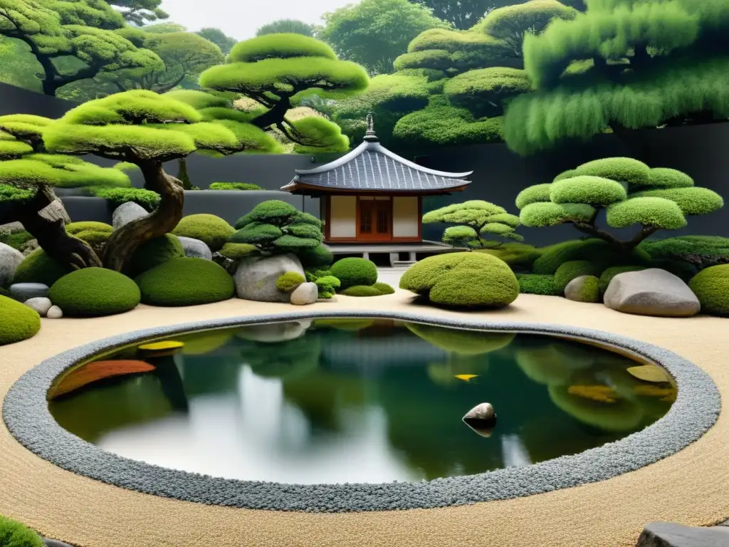 Armonización en un jardín de diseño Feng Shui, con arreglo meticuloso de piedras, agua y plantas, invitando a la contemplación serena de la naturaleza