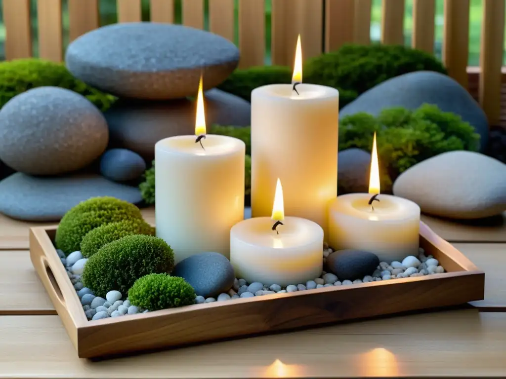 Arreglo minimalista de velas blancas en jardín zen japonés, transmitiendo armonía y paz