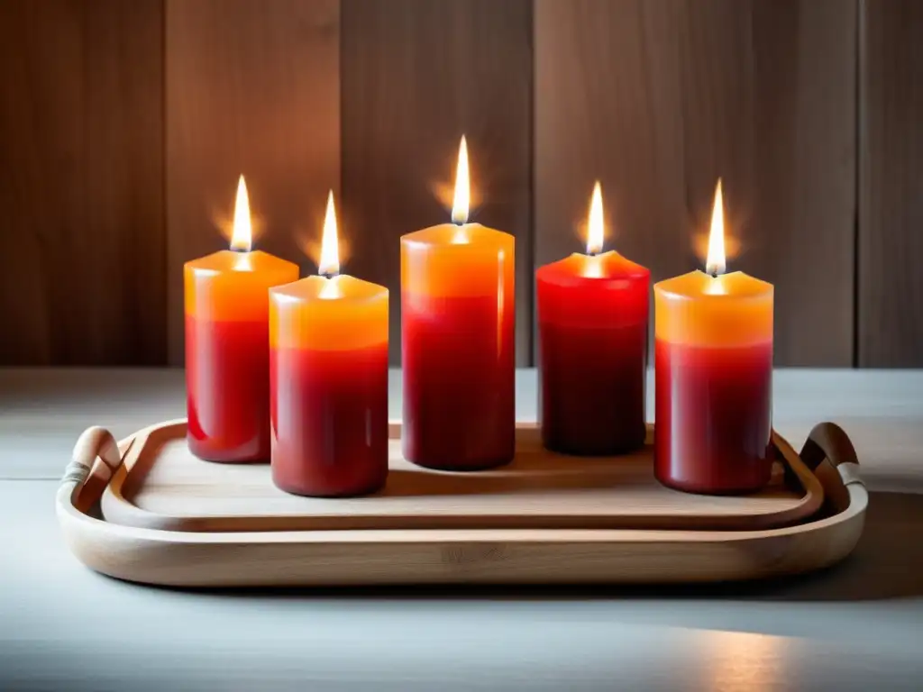 Arreglo minimalista de velas rojas y naranjas en bandeja de madera, iluminadas suavemente