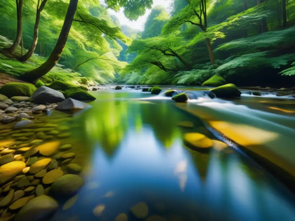 Un arroyo sereno y cristalino fluye entre un bosque verde exuberante, evocando limpieza energética con elementos naturales