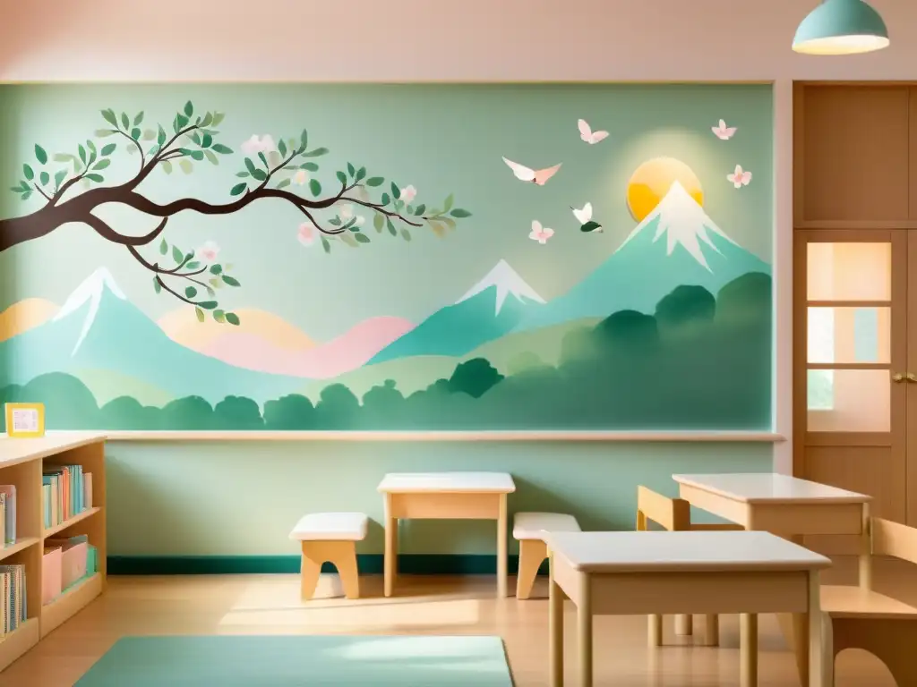 Arte y decoración Feng Shui para niños en aula serena con tonos pastel y naturaleza tranquila