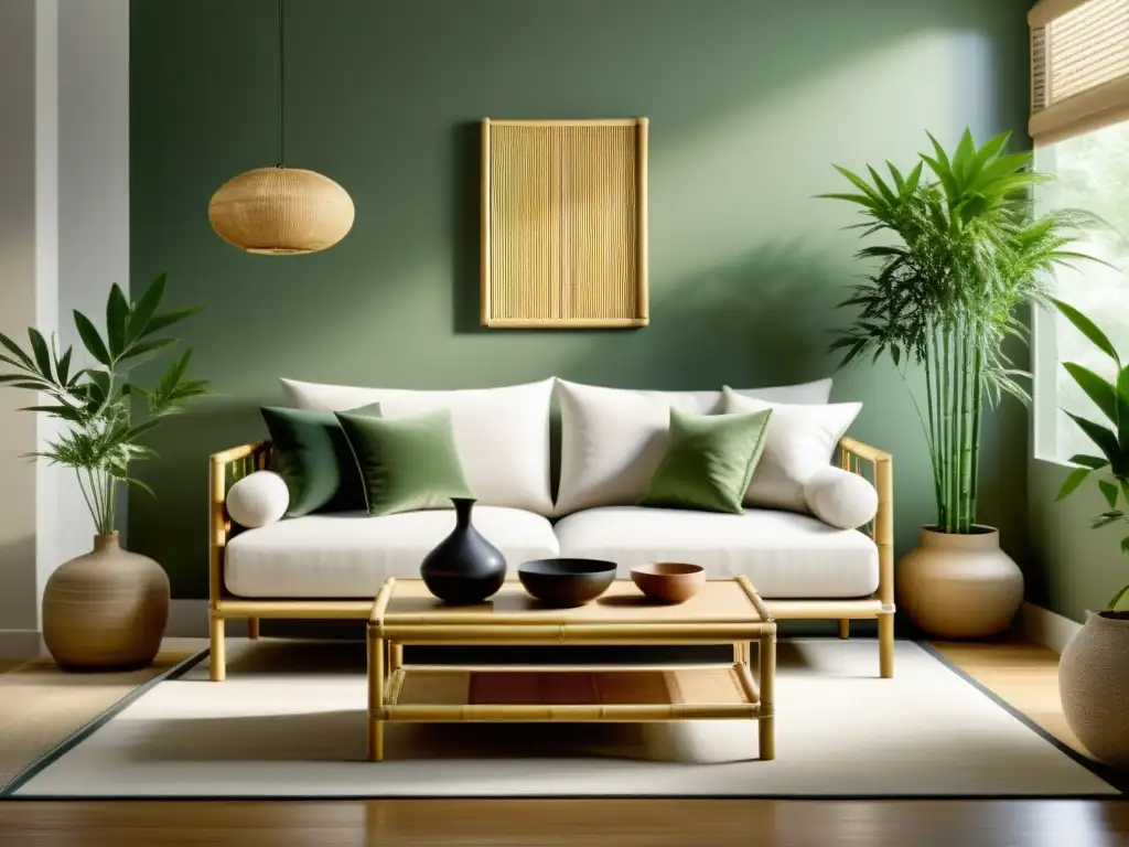 Arte del Feng Shui en diseño consciente: Sala minimalista con muebles de bambú, plantas y decoración en armonía y equilibrio