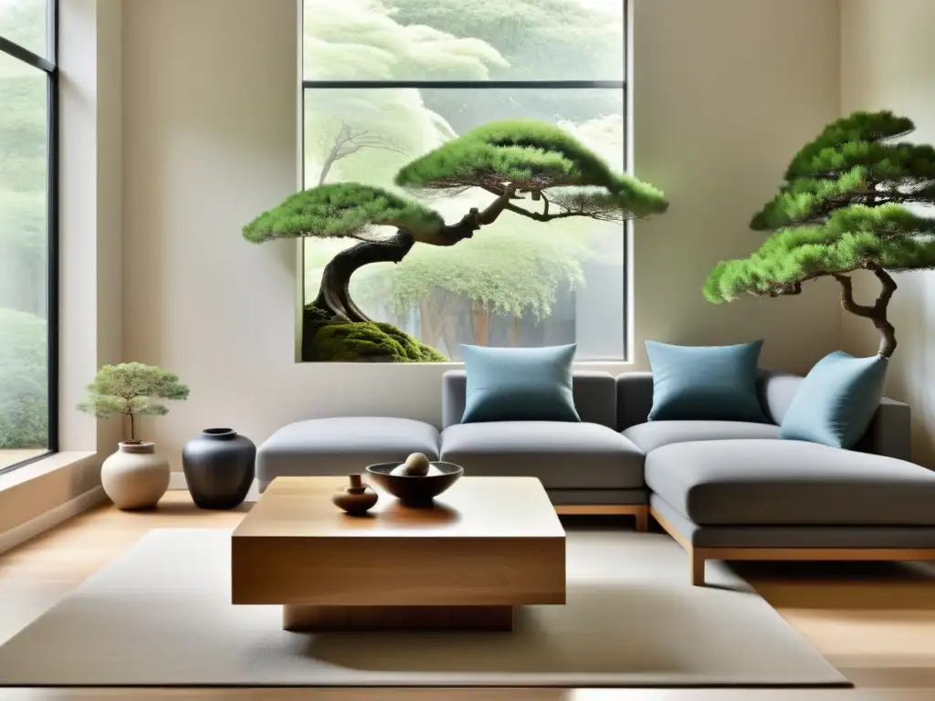 Arte del Feng Shui en diseño consciente: Sala minimalista con equilibrio y serenidad, iluminada por luz natural, un bonsái y mobiliario armonioso