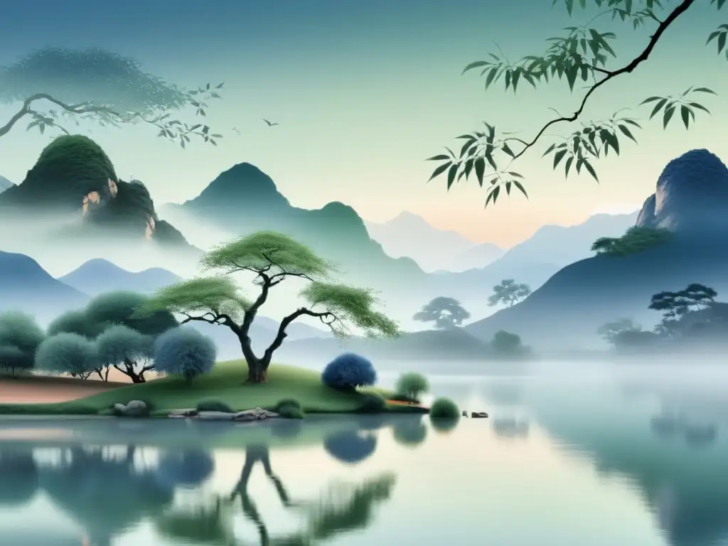 Arte digital en el Feng Shui: paisaje chino con estanque sereno, sauce grácil y montañas brumosas evocando armonía y equilibrio