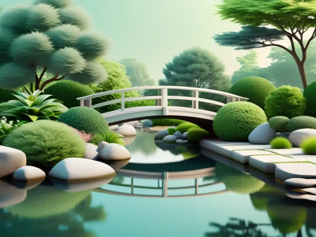 Arte digital en el Feng Shui: escena tranquila de jardín con puente, agua y vegetación en armonía