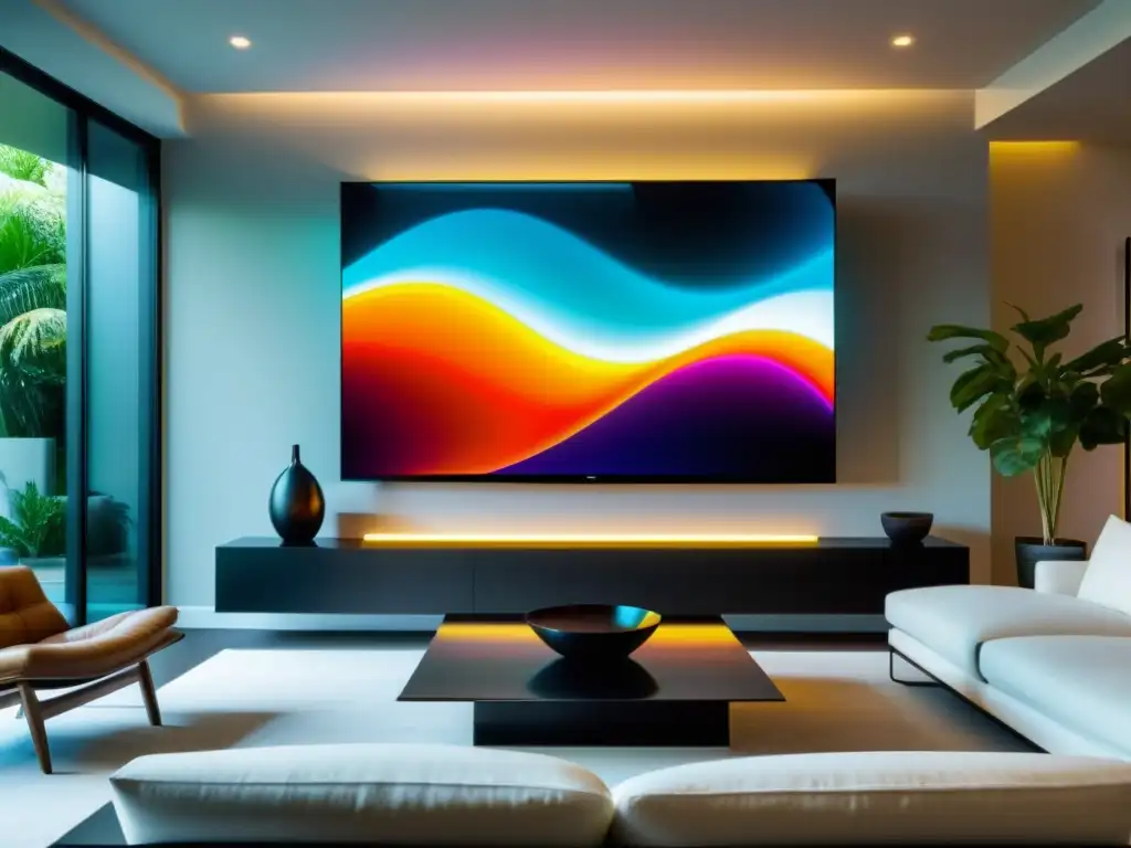 Arte digital en el Feng Shui: Sala de estar moderna con instalación de arte digital vibrante como punto focal, fusionando tecnología y armonía