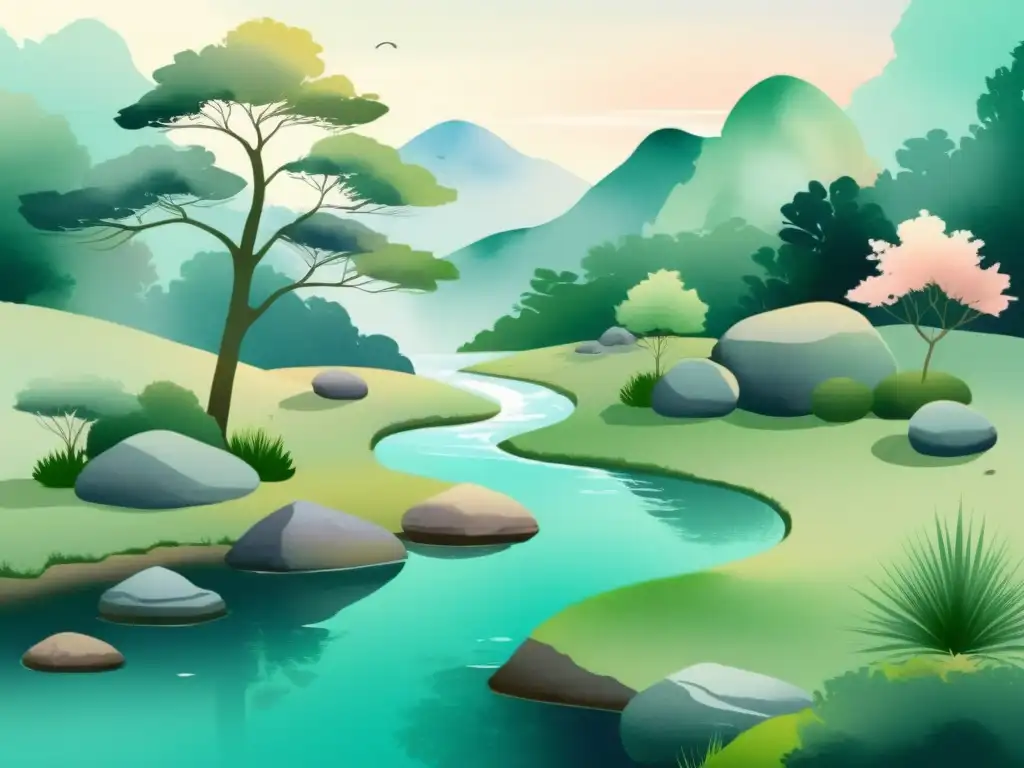 Arte digital en el Feng Shui: Paisaje acuarela sereno con elementos naturales balanceados y armonía zen