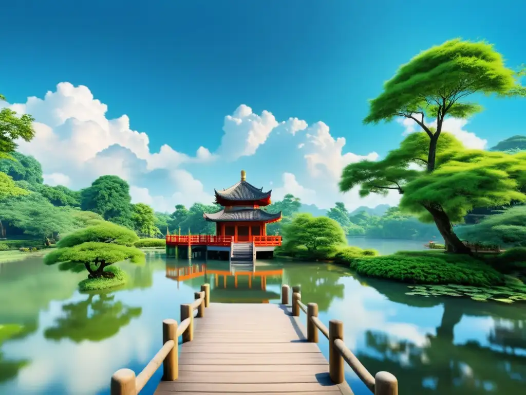 Arte digital en el Feng Shui: Sereno estanque rodeado de exuberante vegetación, cielo azul y pagoda china