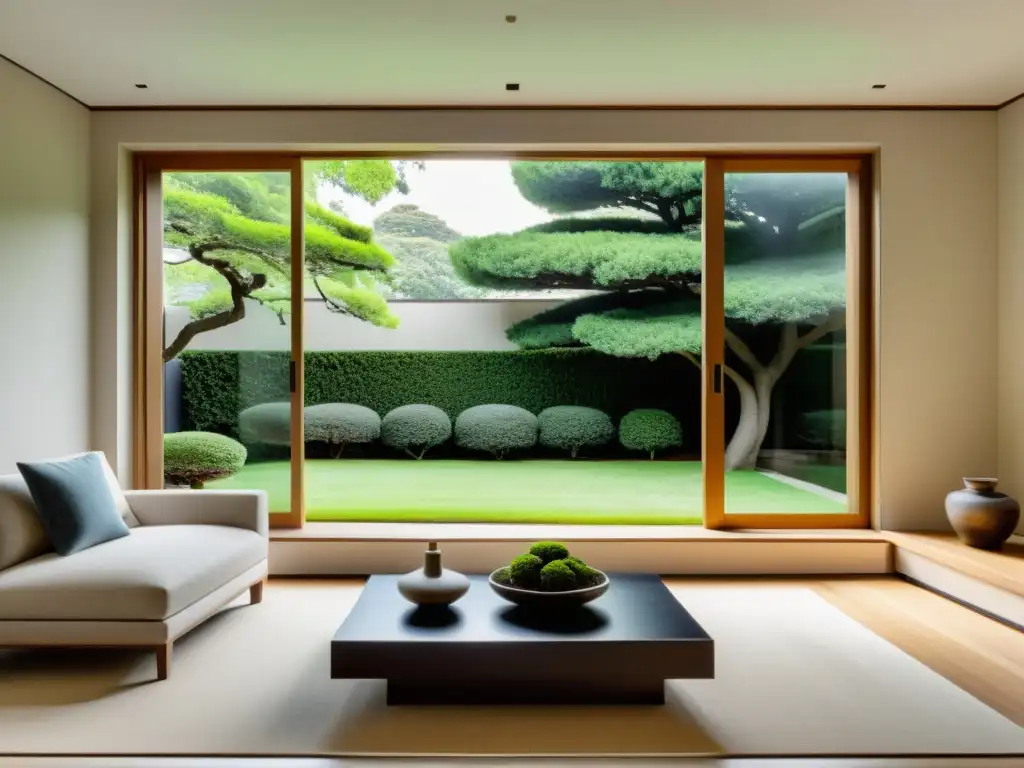 Arte del Feng Shui en el hogar: Salón minimalista con vista al jardín, tonos neutros, muebles equilibrados y atmósfera serena