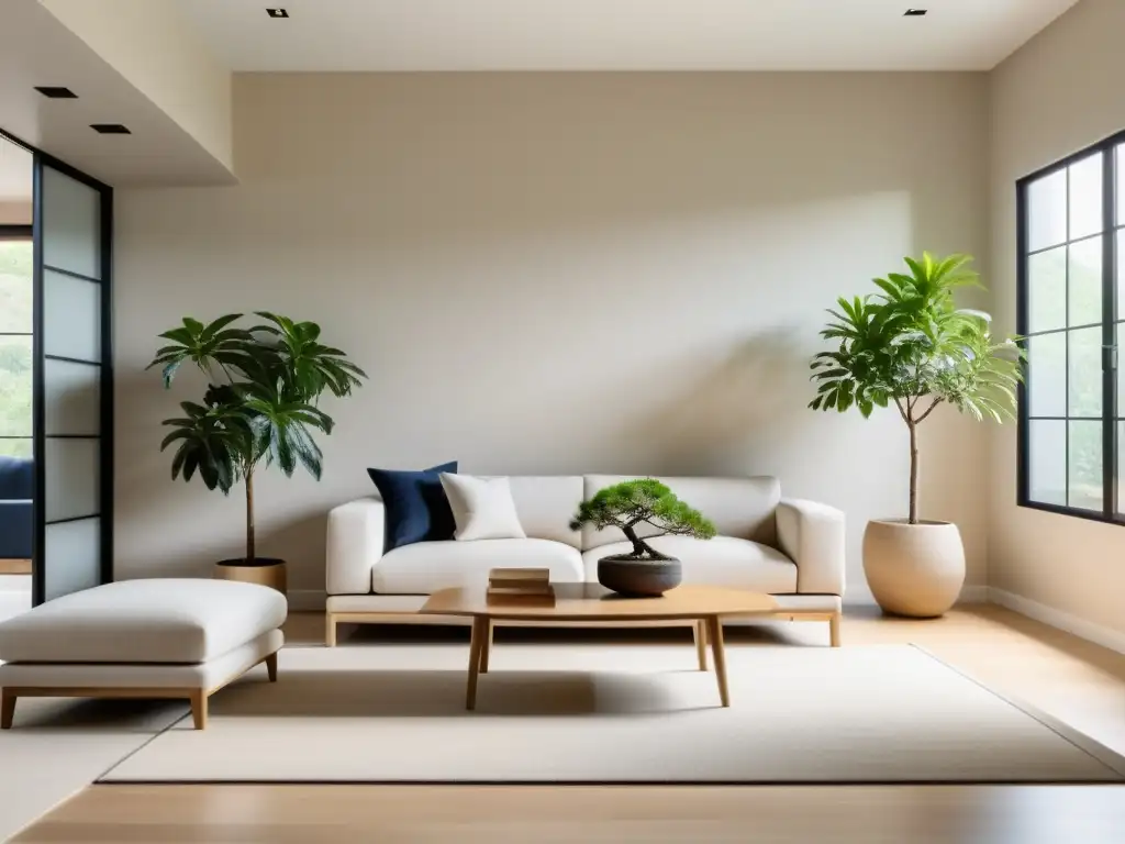 Arte del Feng Shui en el hogar: Sala minimalista con luz natural, tonos neutros y ambiente tranquilo