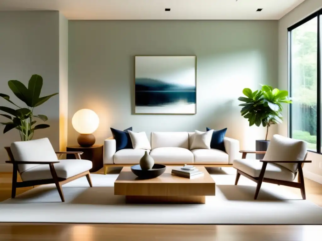 Arte de armonización del hogar con Feng Shui: un salón sereno y minimalista, con luz natural y equilibrio en la decoración