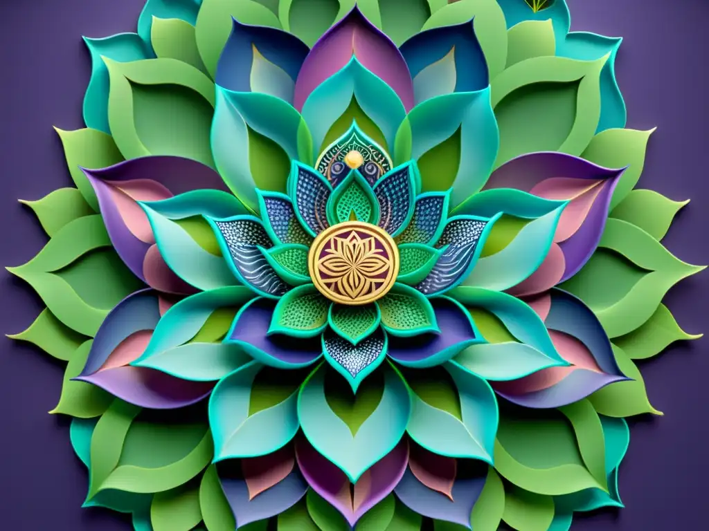 Arte mandala con patrones simétricos en tonos azules, morados y verdes