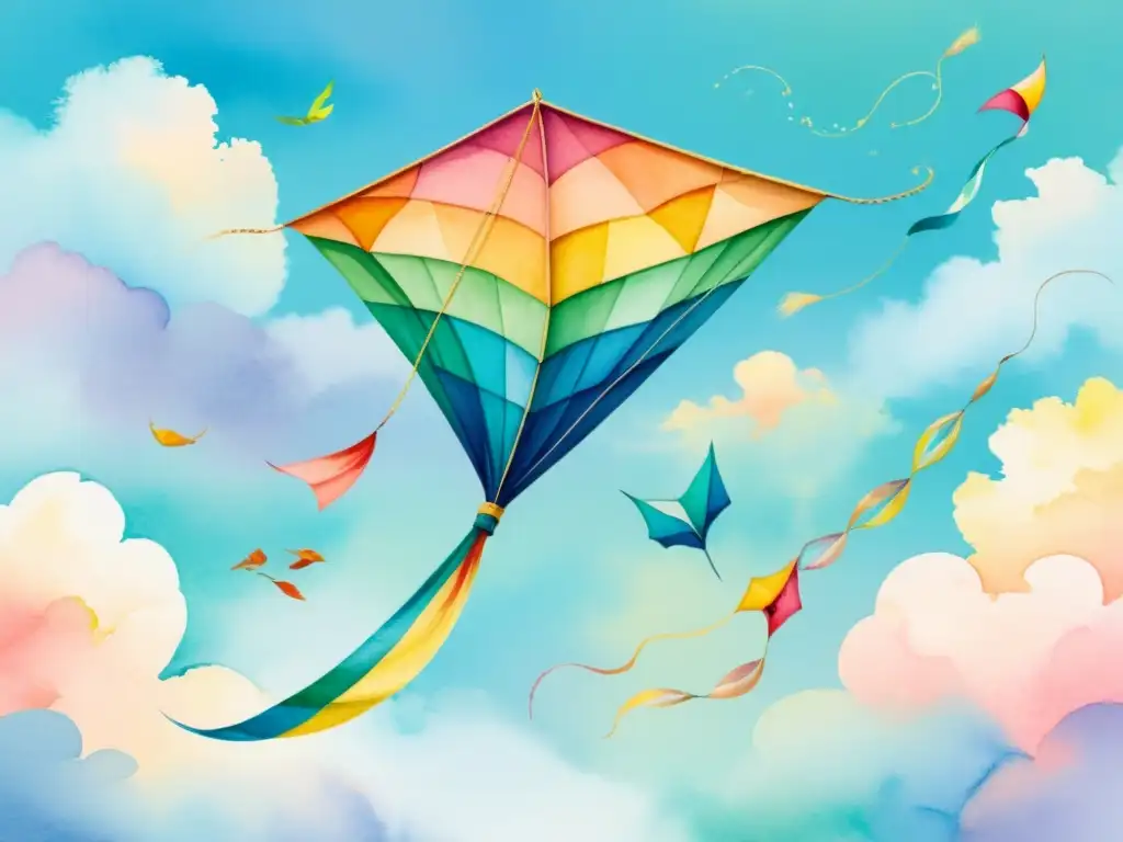 Arte y decoración Feng Shui para niños: Pintura acuarela serena de un alegre y colorido papalote volando alto entre nubes pastel