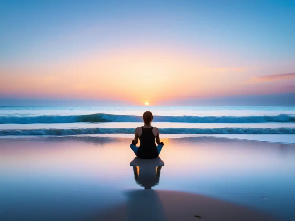 Meditación al amanecer y atardecer en una playa tranquila, iluminada por suave luz dorada y colores pastel en el cielo