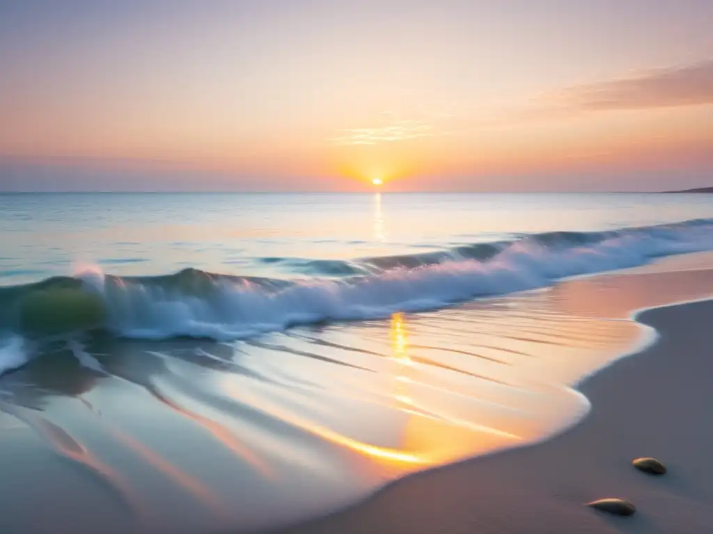 Meditación al amanecer y atardecer en una playa tranquila con el sol asomándose sobre el horizonte, creando una atmósfera serena y pacífica