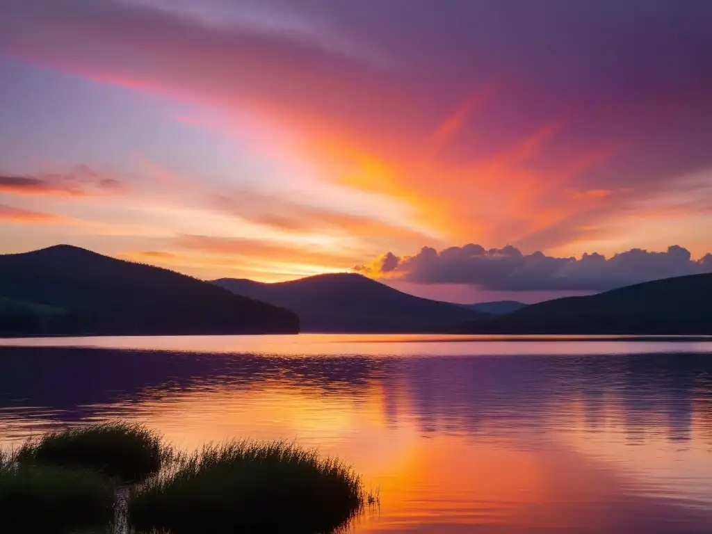 Un atardecer sereno en el lago, con cielo vibrante y reflejos dorados en el agua