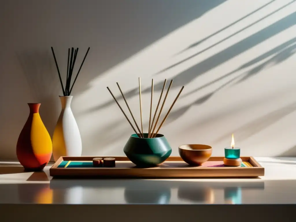 Una atmósfera serena con mesa de inciensos y luz natural