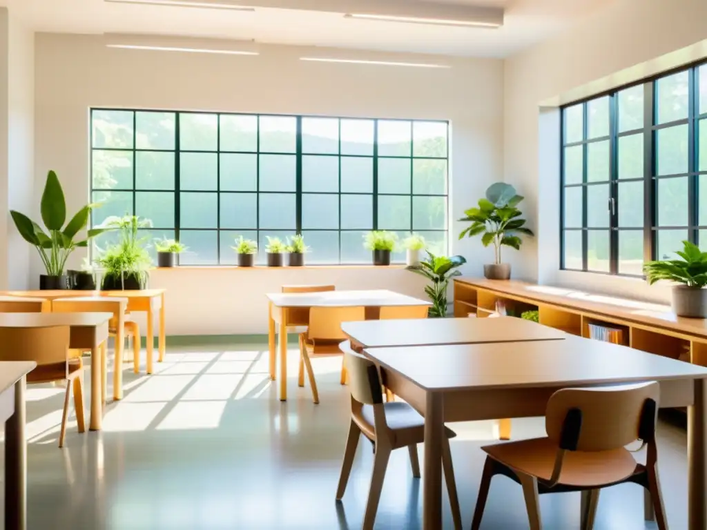 Un aula serena y minimalista con luz natural y diseño educativo basado en el Feng Shui