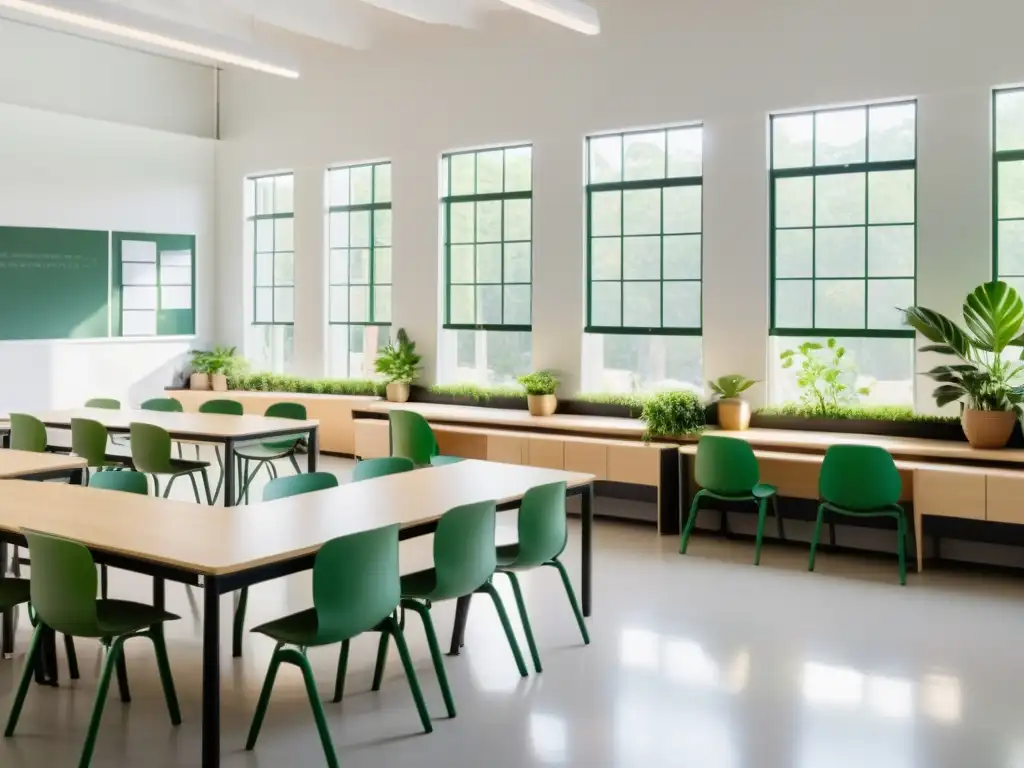 Un aula serena y minimalista con luz natural, disposición armoniosa de muebles, plantas verdes y decoración simple