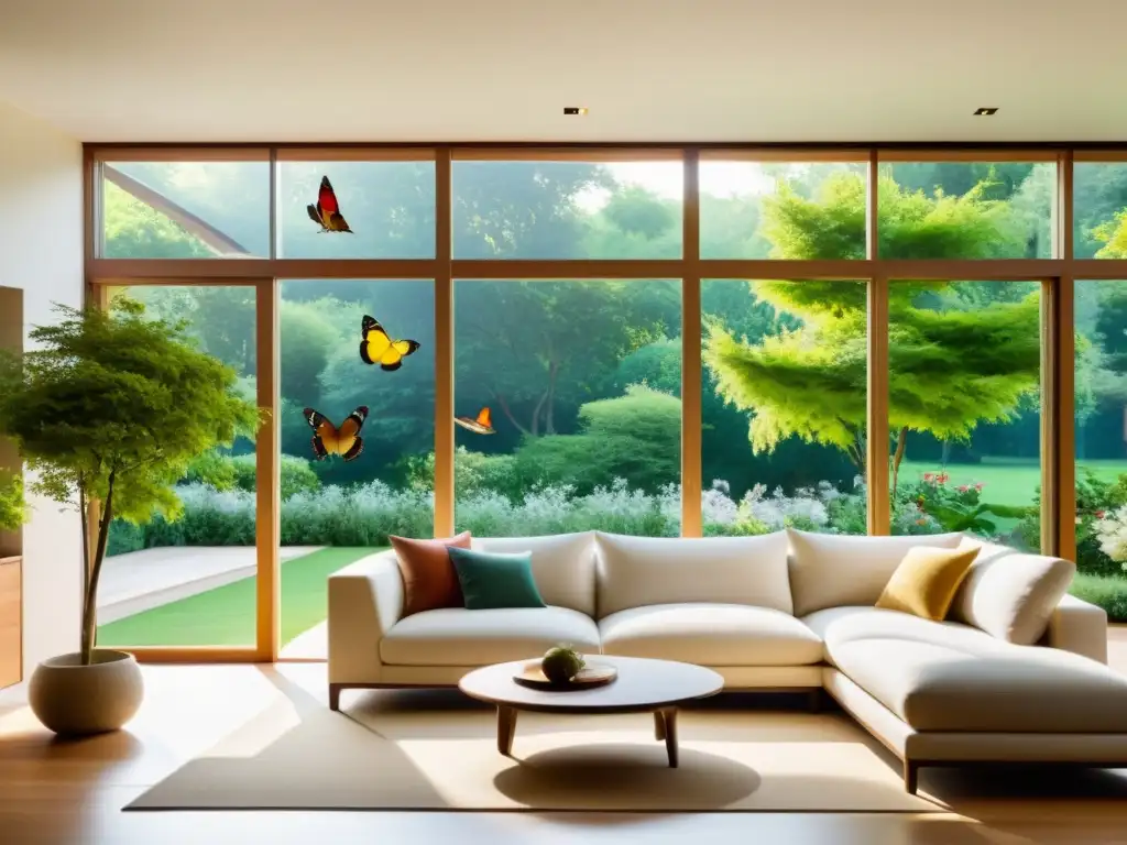 Aves y mariposas en Feng Shui: Sala minimalista con vista a jardín exuberante, decorada con elementos naturales y ambiente armonioso