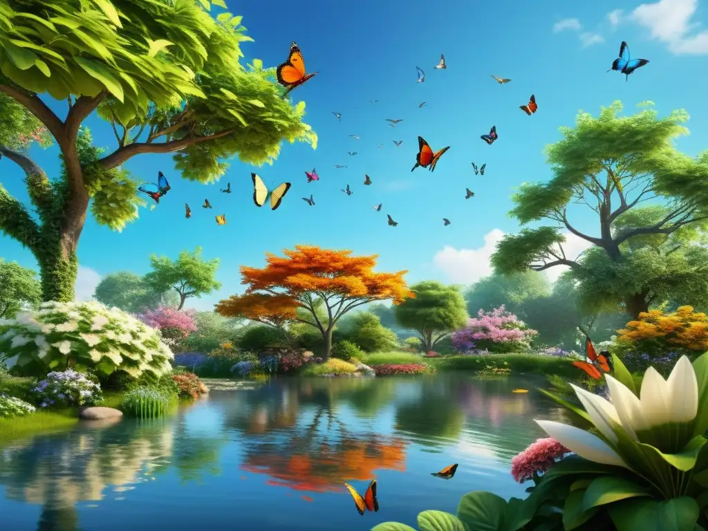 Aves y mariposas en Feng Shui: Jardín sereno con flores, mariposas coloridas, estanque tranquilo y aves entre la exuberante vegetación