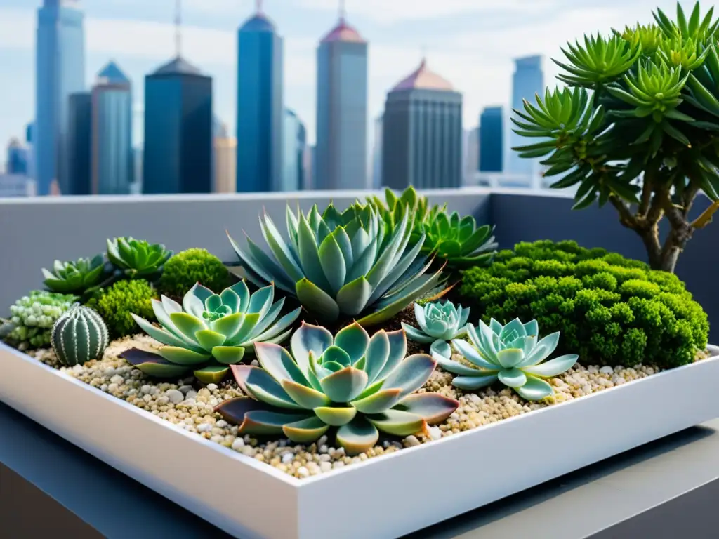 Un jardín en la azotea armonizado con plantas suculentas, bonsáis y rocas, fusionando el Feng Shui con la arquitectura moderna