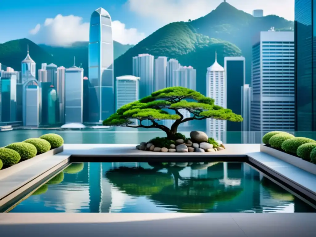 'Un jardín en la azotea de Hong Kong, reflejando la evolución del Feng Shui en la ciudad con su diseño sereno y armonioso