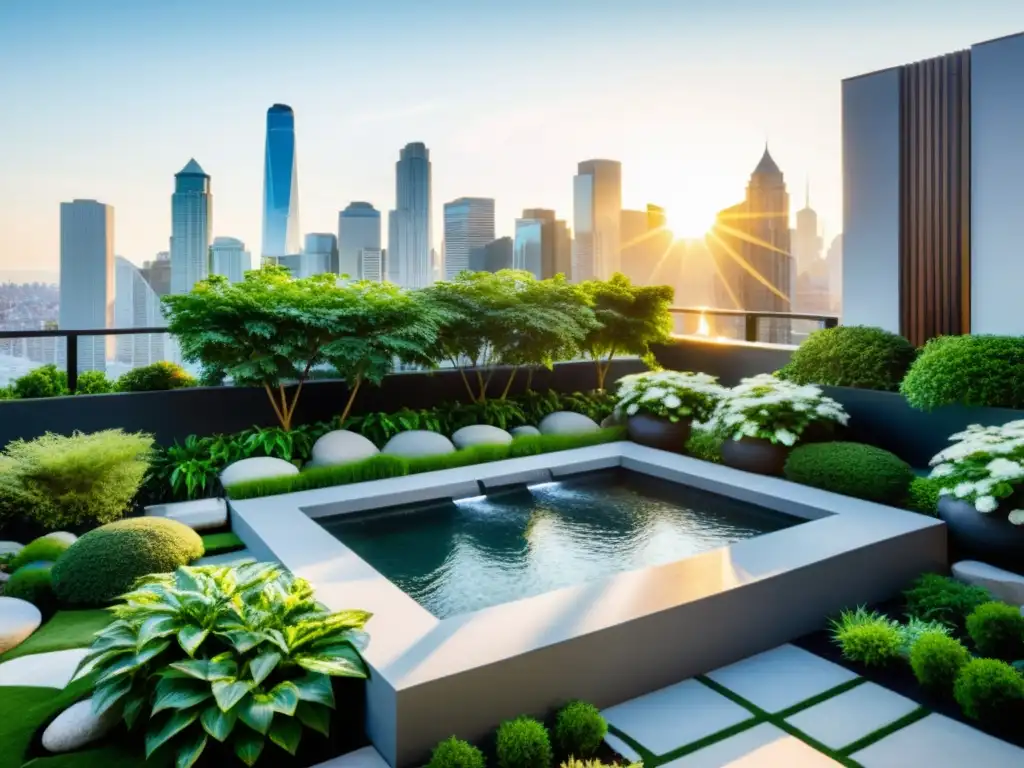 Un jardín en la azotea con vegetación exuberante, piedras cuidadosamente dispuestas y una cascada, frente al horizonte de una ciudad moderna