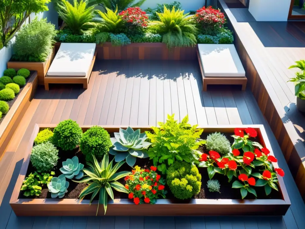 Un jardín en la azotea con huertos urbanos de diseño Feng Shui, lleno de vegetación exuberante y flores vibrantes