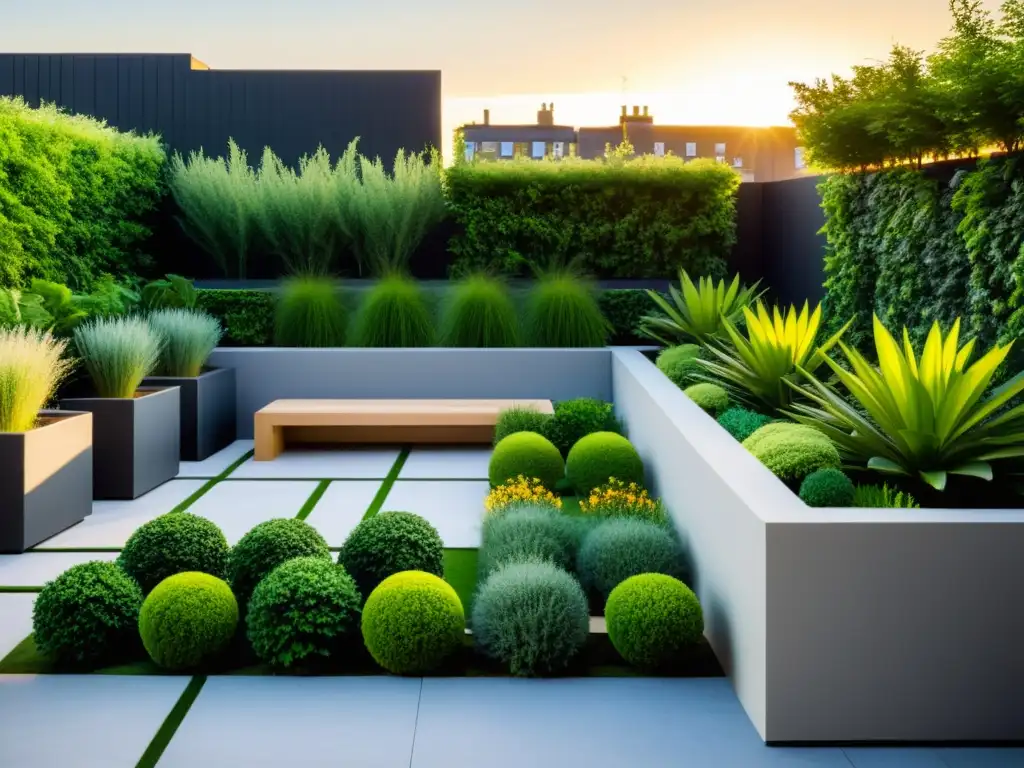 Un jardín en la azotea, lleno de plantas y un área de descanso tranquila, rodeado de materiales ecoamigables