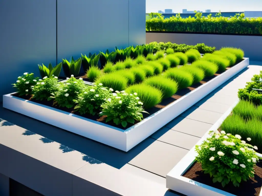 Un jardín en la azotea con paneles solares integrados en su diseño, rodeado de plantas verdes