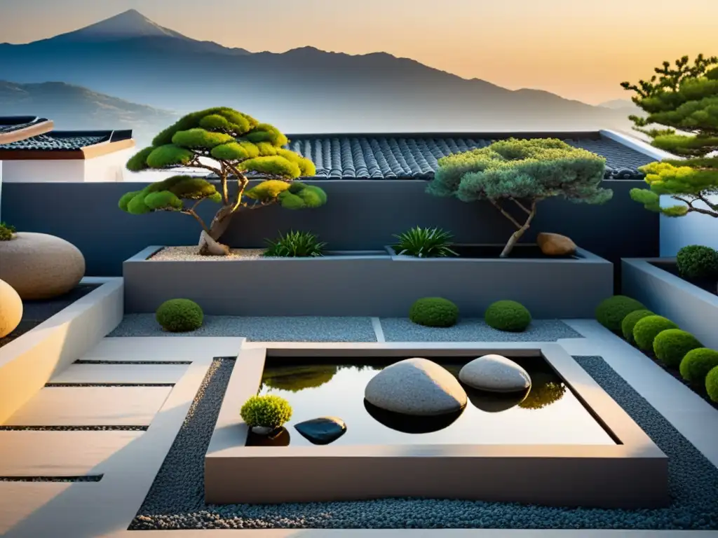 Un jardín en la azotea con rocas, estanque y bonsáis, bañado por la cálida luz del atardecer