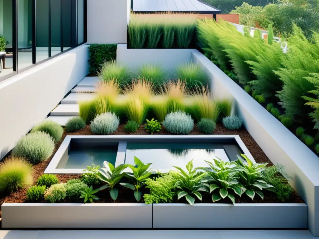 Un jardín en la azotea con un sistema de recolección de energía renovable Feng Shui integrado de forma armoniosa, bañado por una suave luz natural