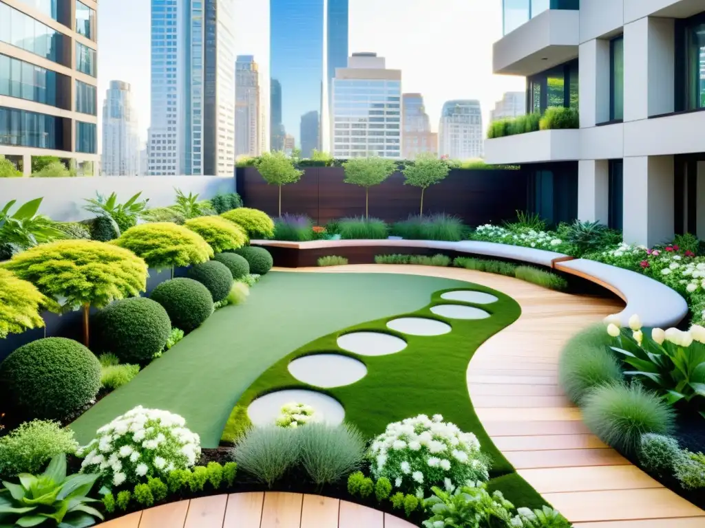 Un jardín en la azotea con feng shui techos verdes urbanos, rodeado de edificios modernos, crea un oasis sereno en la ciudad