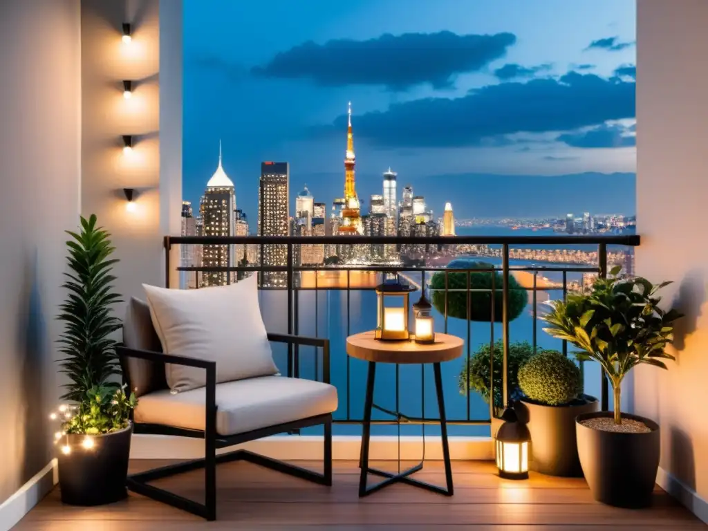 Un balcón acogedor con muebles, plantas y una hermosa vista de la ciudad al atardecer, perfecto para aplicar el Feng Shui para balcones pequeños