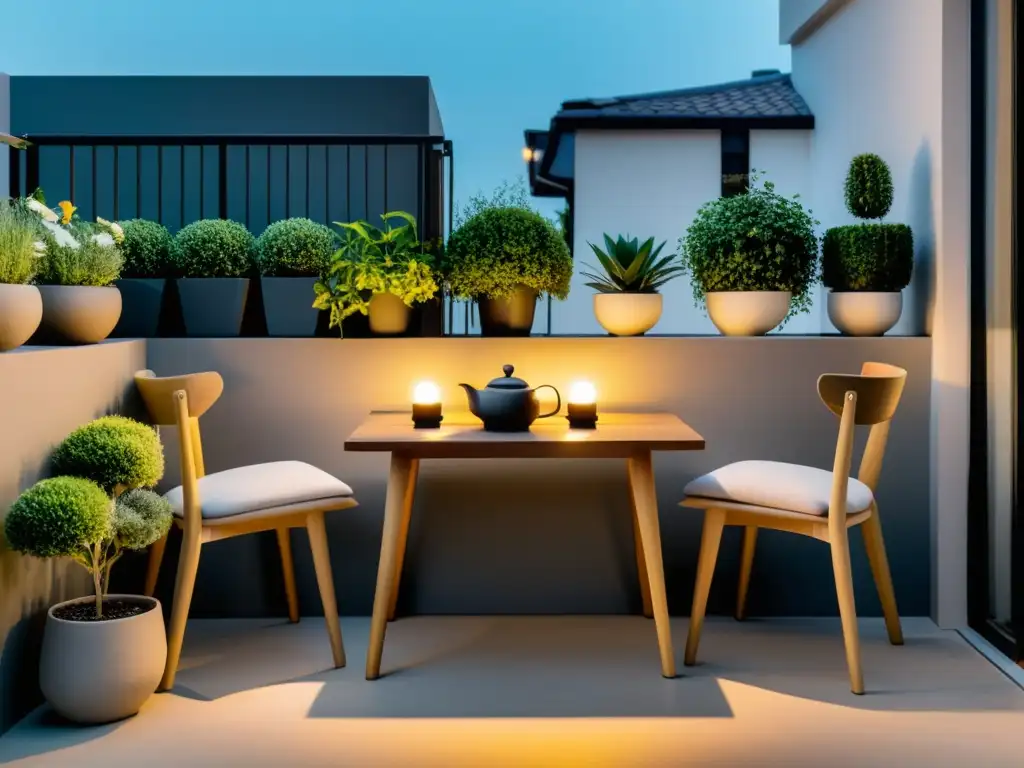 Un balcón minimalista con mesa y sillas, rodeado de plantas en maceta y luz suave, invita a la relajación y contemplación