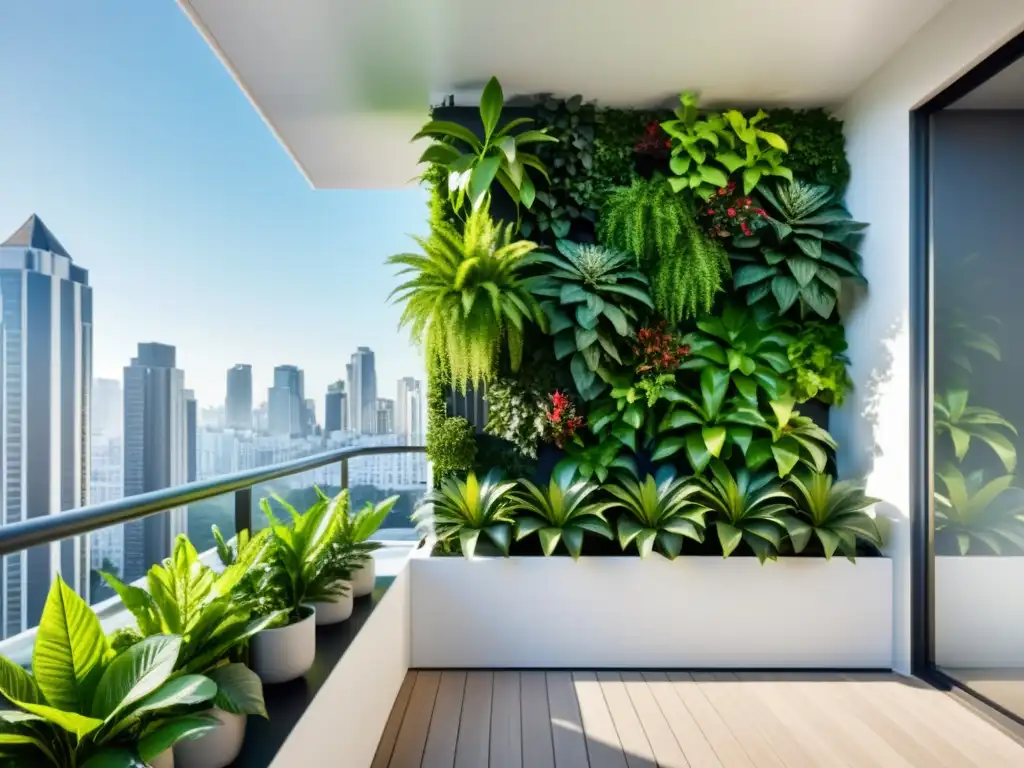 Un balcón moderno con jardín vertical Feng Shui, plantas verdes en armonía, tranquilidad urbana