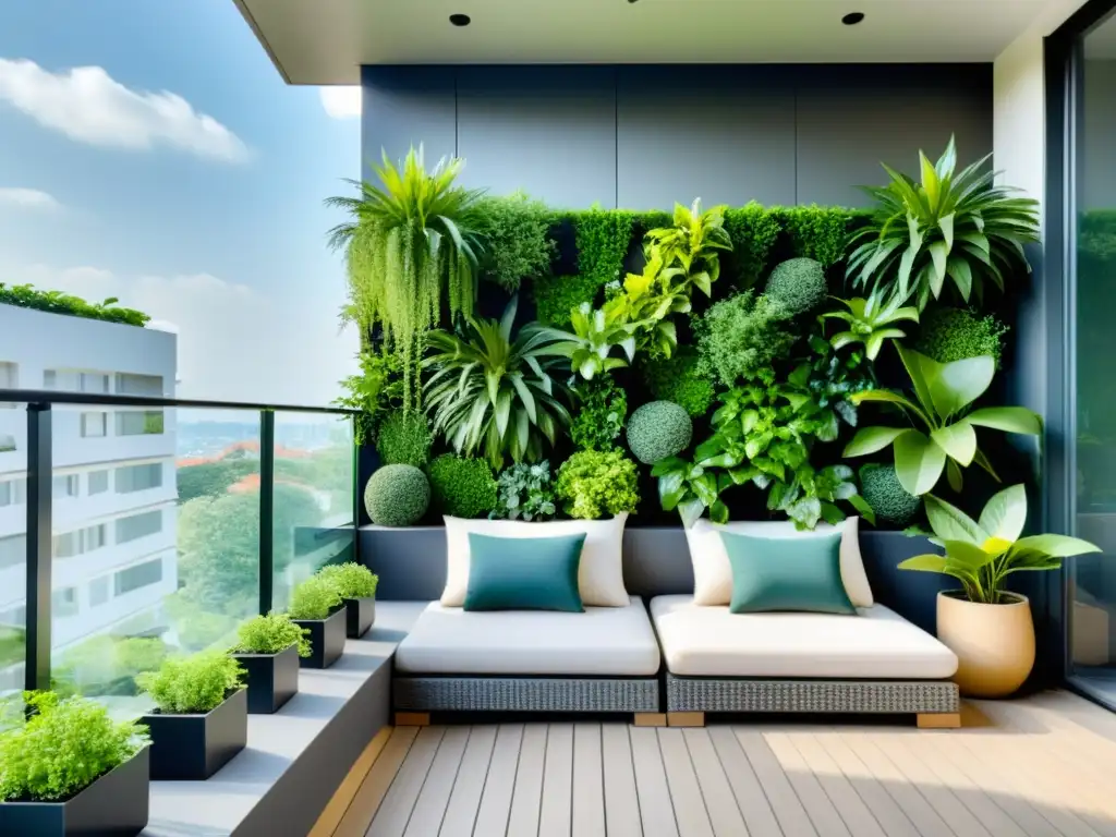 Un balcón sereno con jardines verticales y elementos de Feng Shui, creando armonía y tranquilidad